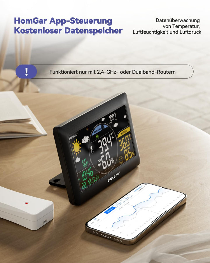 BALDR WLAN-Wetterstation mit App, 7,5-Zoll-Farbdisplay, 3 drahtlose Sensoren, kabellose Wetterstatio