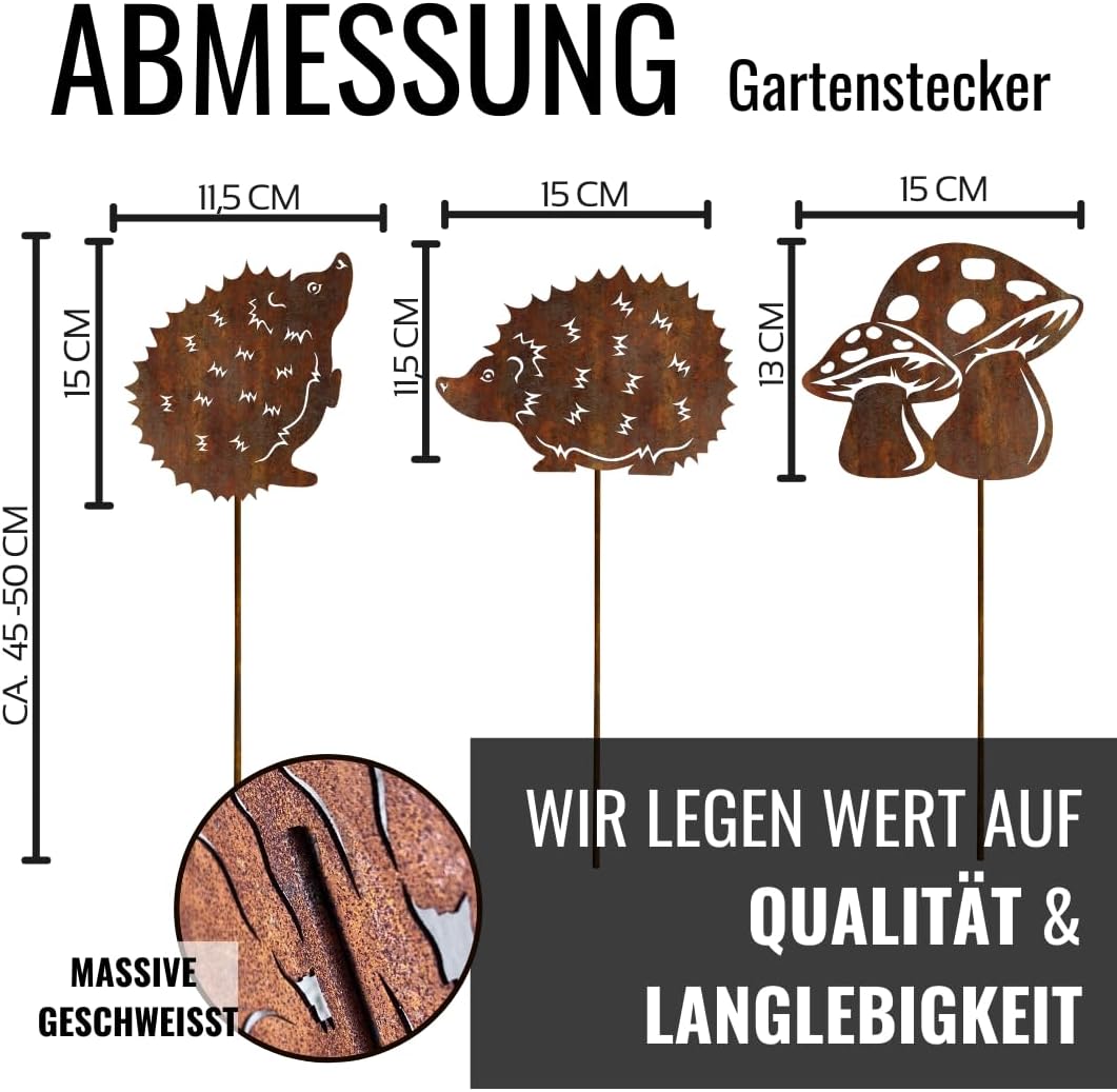 Terma Stahldesign Rostfigur Gartenstecker Set Herbst Zwei Igel EIN Pilz mit Spiess 40-45cm tolle gar
