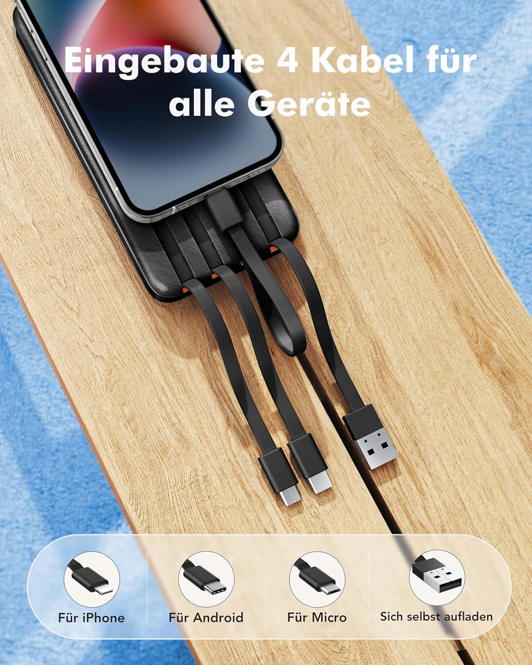 Charmast Powerbank 20000mAh Externer Akku USB C Power Bank mit 4 integriertes Ladekabel Tragbares La