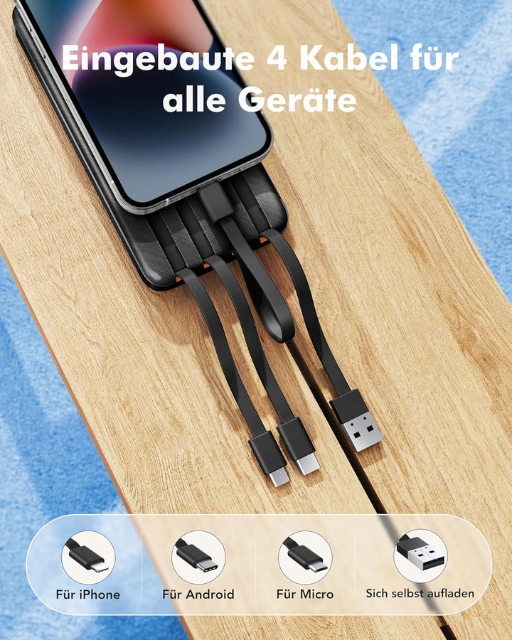 Charmast Powerbank 20000mAh Externer Akku USB C Power Bank mit 4 integriertes Ladekabel Tragbares La