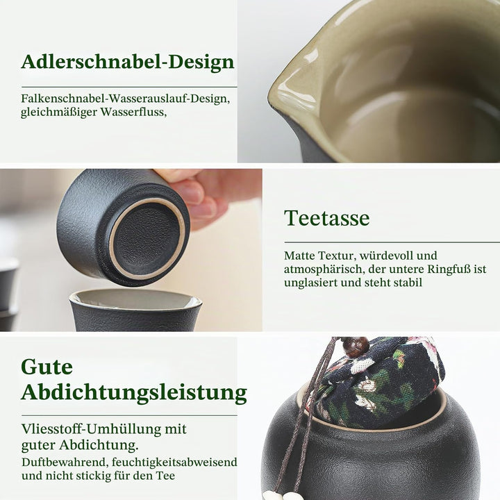 Tee-Set 14-teilig, Keramik schwarz, mit Kanne, 6 Tassen und Tablett | Japanisches Kung-Fu-Design. Tr