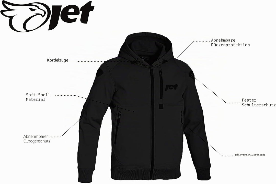 Jet Motorradjacke Sommer Hoodie Kapuzenpullover Mit Protektoren Soft Shell (6XL (EU 62-64), Schwarz)