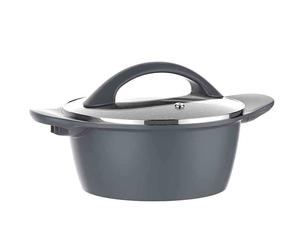 Aluguss Schmortopf mit Glasdeckel,silber Ø16 1,28L Aluminium Kochtopf Antihaft Beschichtung Topf Ø16