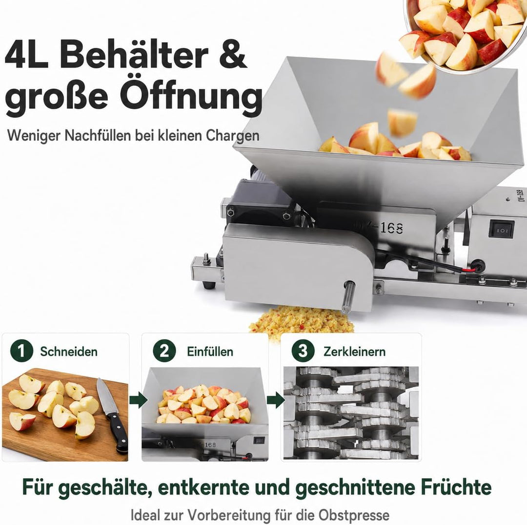 Elektrische Obstmühle Edelstahl 60W, Obstzerkleinerer mit 20kg/h &amp; Vor-/Rücklauf, Fruchtmühle Mostmü