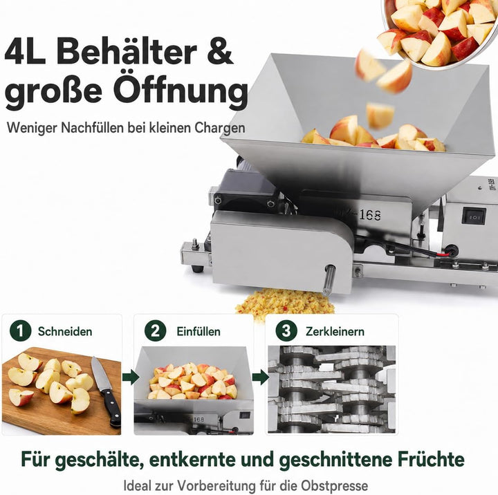 Elektrische Obstmühle Edelstahl 60W, Obstzerkleinerer mit 20kg/h &amp; Vor-/Rücklauf, Fruchtmühle Mostmü