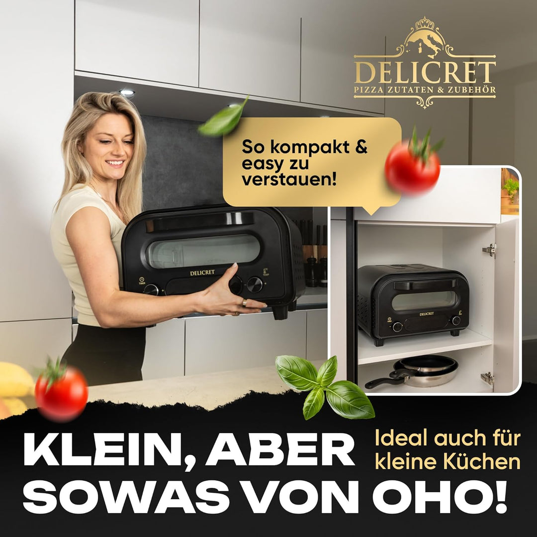DELICRET elektrischer Pizzaofen 12” mit Pizzaschieber &amp; Pizzateig Starter Kit für Pizza Napoletana -