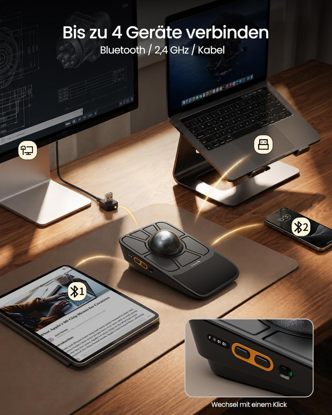 ProtoArc EM06 Ergonomische Trackball-Maus, Kabel/2,4 GHz/Bluetooth