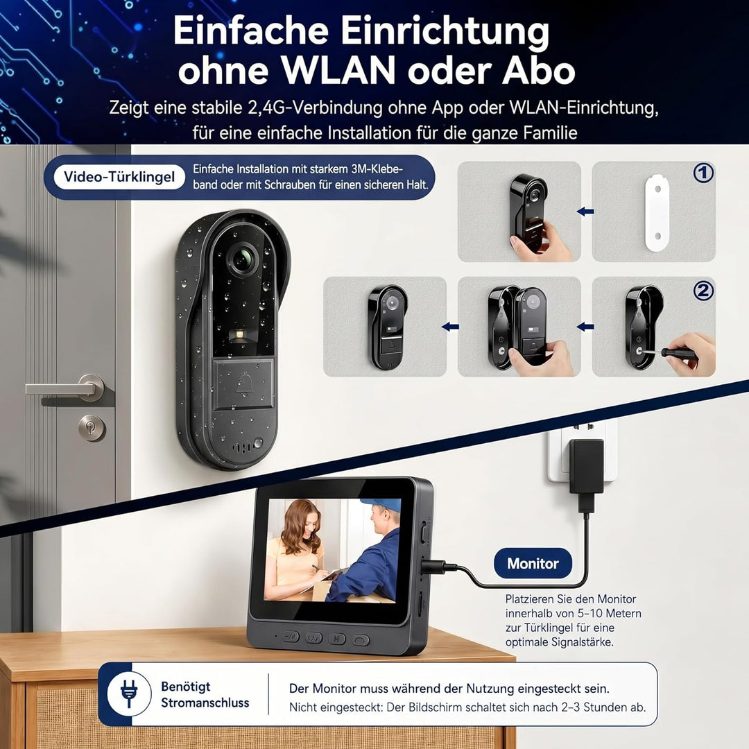 Kabellose Video Türklingel mit 4,3 Zoll Monitor, 1080P Kamera Set &amp; 170° Sicht, Nachtsicht, 2-Wege A