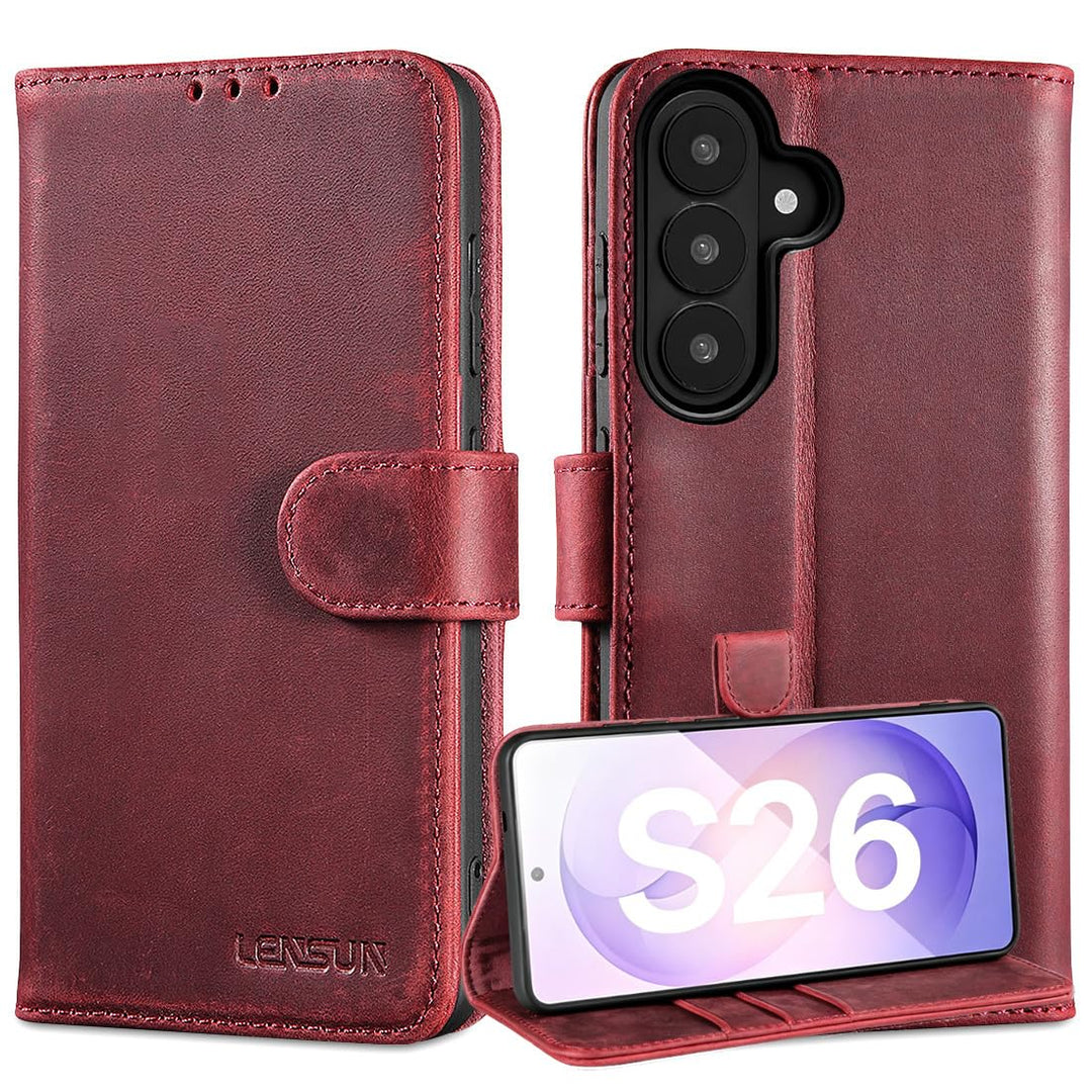 LENSUN Lederhülle für Samsung Galaxy S26, Echtleder Handyhülle [Brieftasche][RFID Schutz][Standfunkt