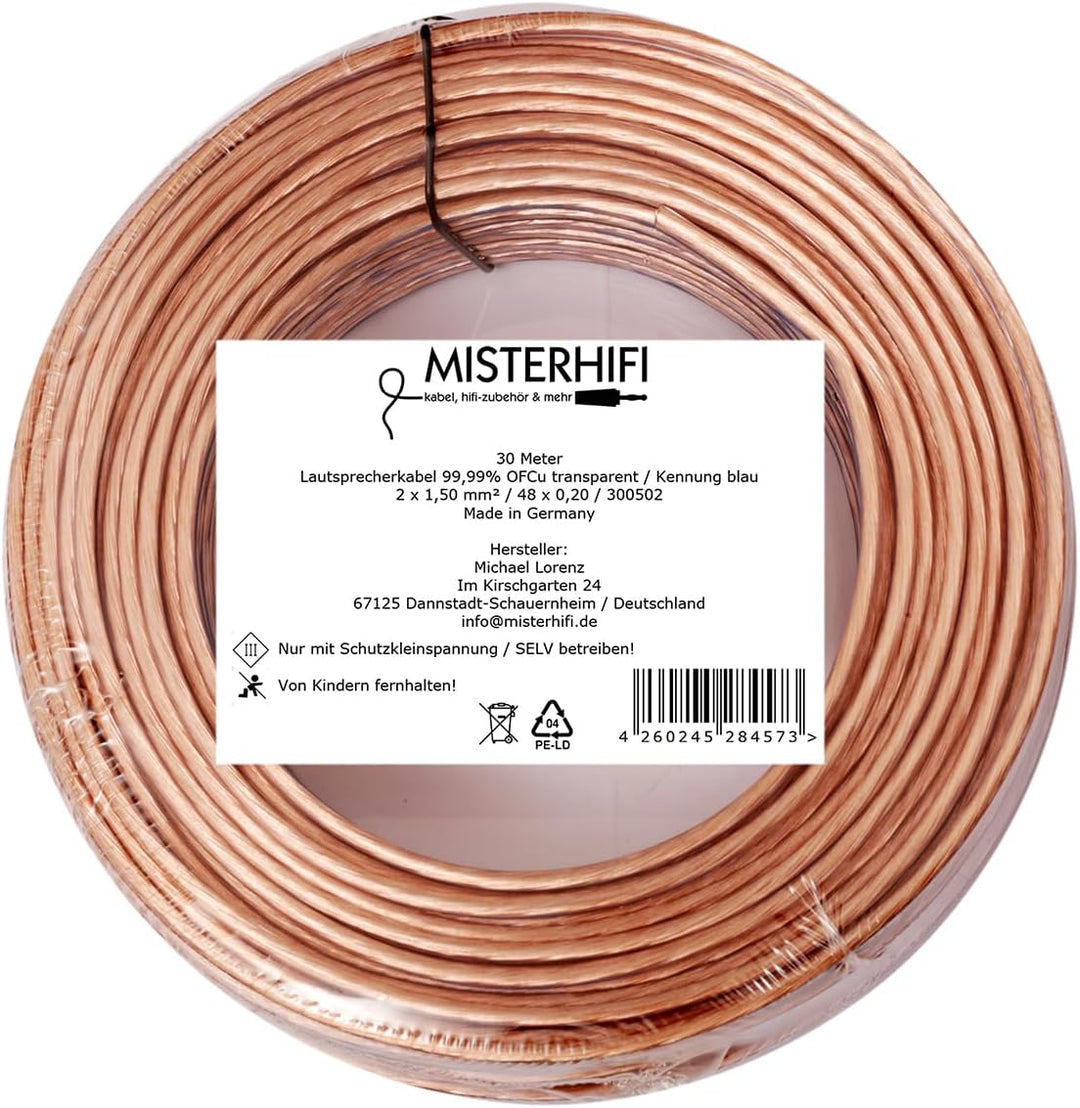 Misterhifi 30 m Lautsprecherkabel 2 x 1,5 mm², Litze: 2 x 48 x 0,2 mm, transparent isoliert, 99,99%