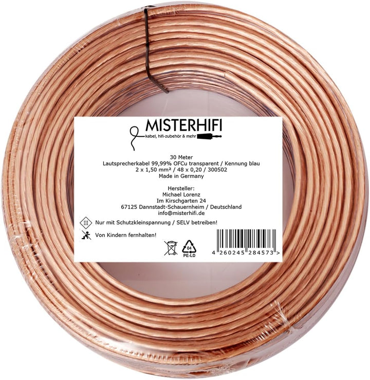 Misterhifi 30 m Lautsprecherkabel 2 x 1,5 mm², Litze: 2 x 48 x 0,2 mm, transparent isoliert, 99,99%