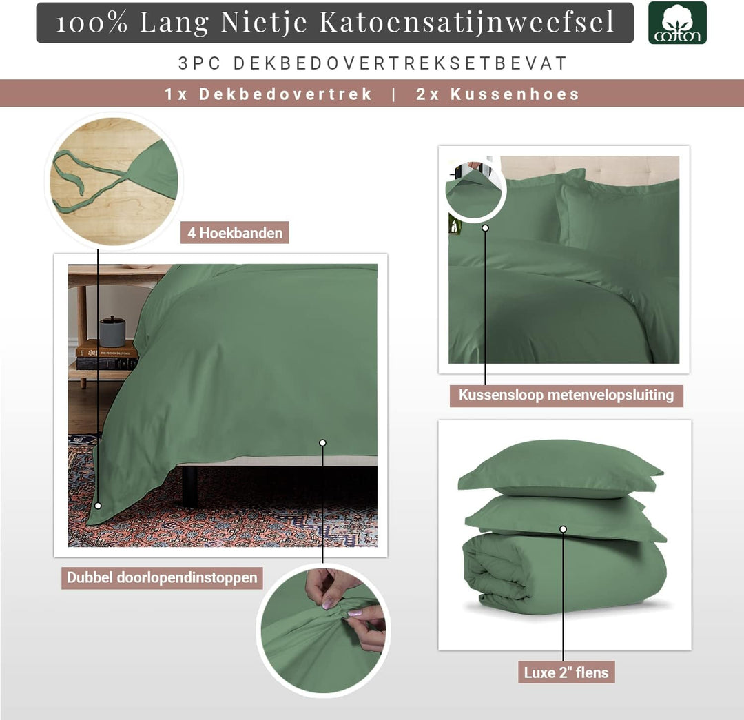 Pizuna 400 Draaddichtheid Katoen 2 Persoons As Groen Dekbedovertrek 240x220 cm + 60x70 cm 100% Katoe