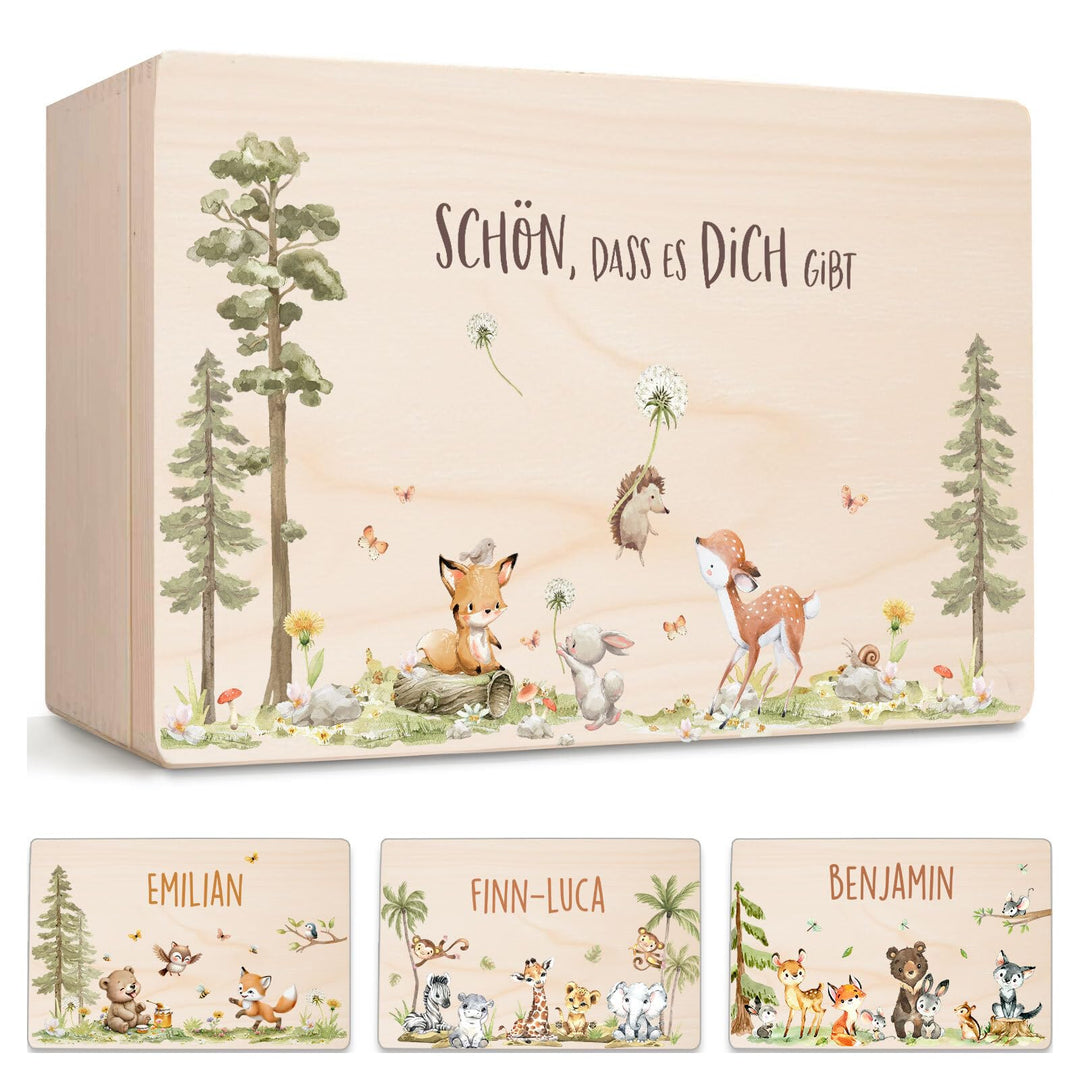 Little Deco Baby Erinnerungsbox Holzkiste mit Deckel | L - 40 x 30 x 22 cm | Waldtiere Geschenk zur