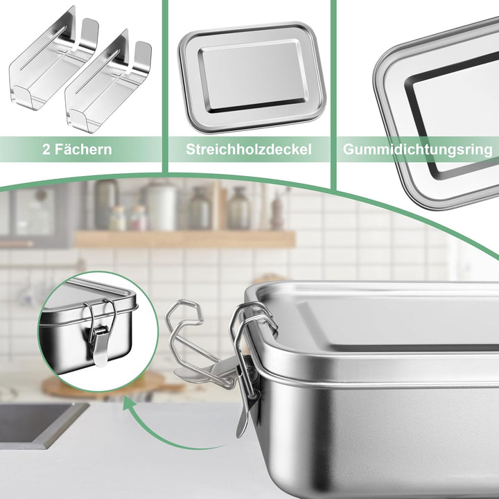 Homikit Brotdose mit Fächern, 2 Stück Edelstahl Bento Box Lunchbox für Kinder & Erwachsene, Lunch Bo
