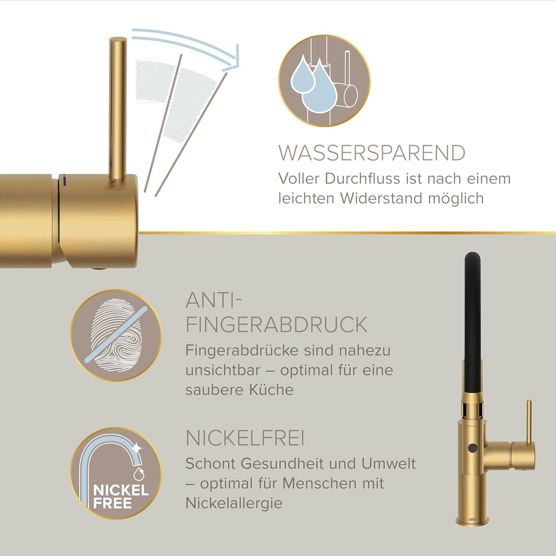 Lenz Küchenarmatur NALU Gold – Flexible, 360° schwenkbare Pendelbrause | Geschirrbrause, 2 Strahlart