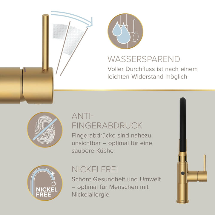 Lenz Küchenarmatur NALU Gold – Flexible, 360° schwenkbare Pendelbrause | Geschirrbrause, 2 Strahlart