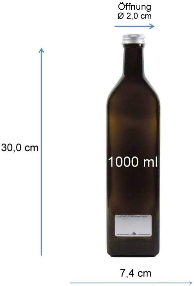 mikken 2x grün-braune Glasflasche 1000ml, Ölflasche inkl. 2 Beschriftungsetiketten Braun 1000 ml, Br