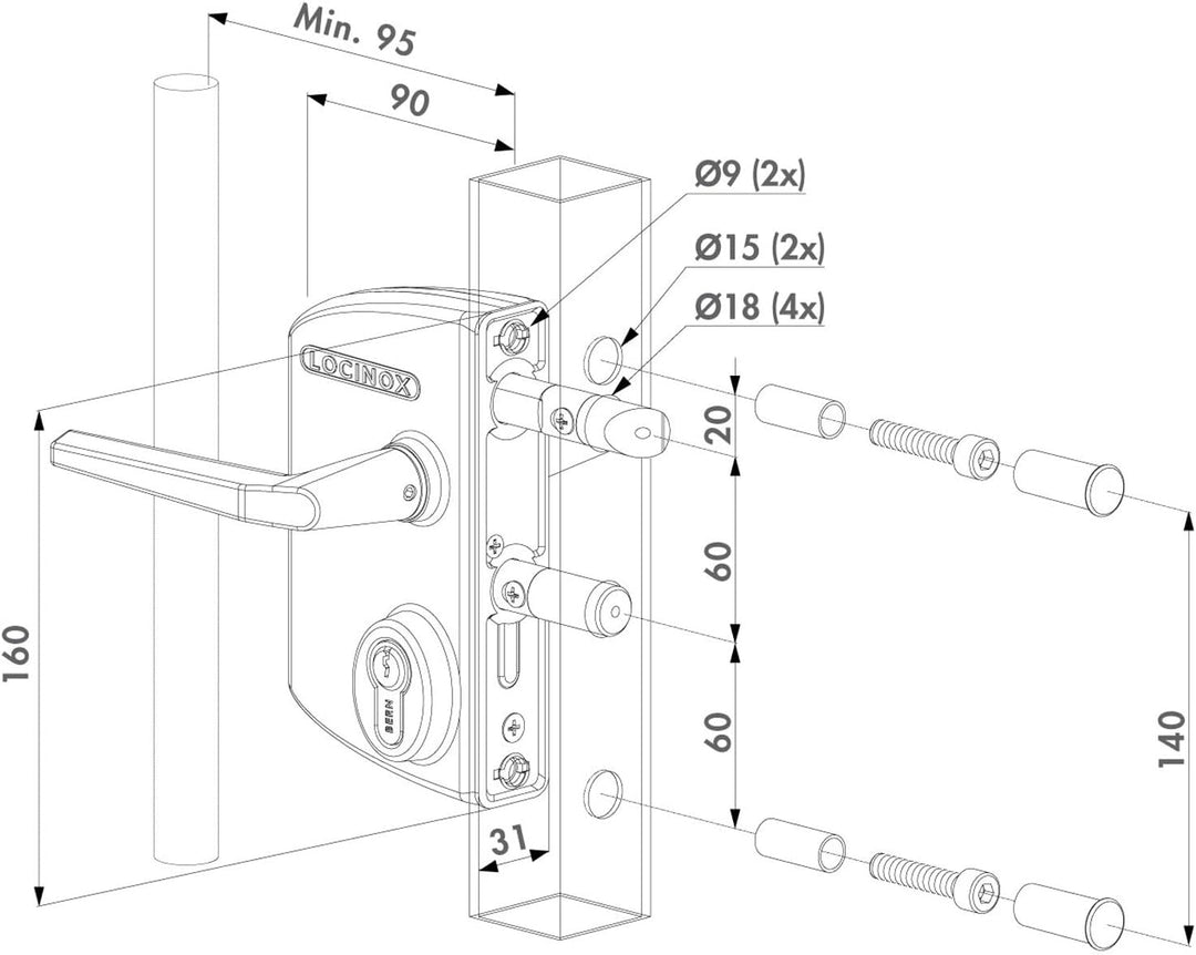 LOCINOX Schloss für Drehtor LAKQ40 U2, RAL 6005 - moosgrün, Industrieschloss, Hoftor, Flügeltor, Flü