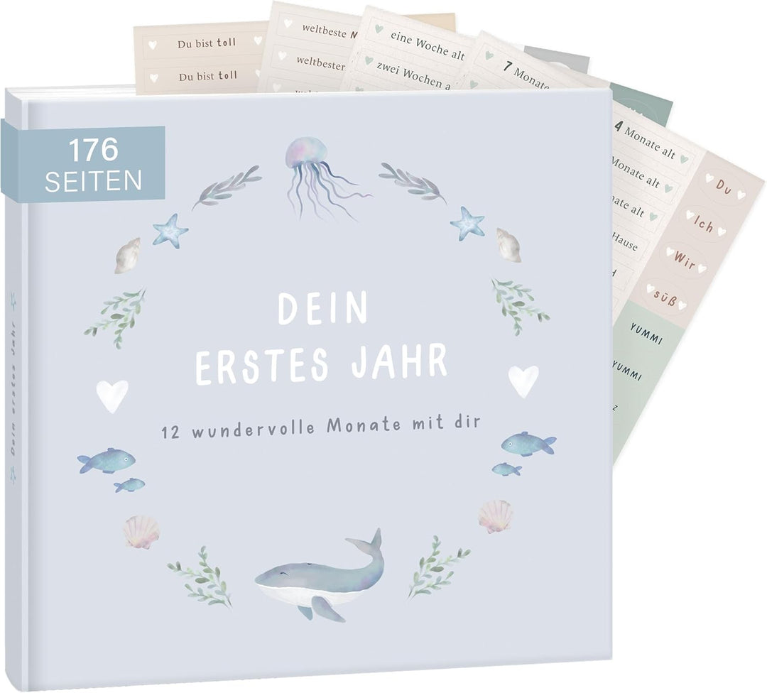 mintkind® Babyalbum "Mein erstes Lebensjahr" Wal + Sticker Set I Baby Fotoalbum zum Selbstgestalten