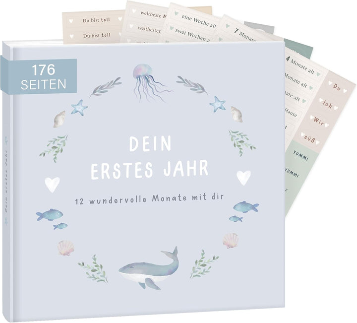 mintkind® Babyalbum "Mein erstes Lebensjahr" Wal + Sticker Set I Baby Fotoalbum zum Selbstgestalten