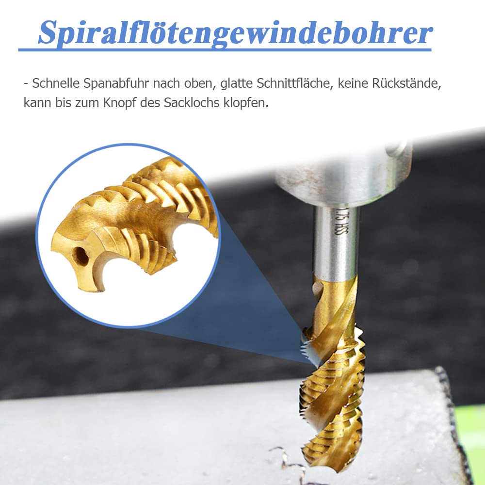 Mesee 9 Stück Spiralgewindebohrer, HSS Titanbeschichtetes Gewindebohrer, Spiralnutbohrer Maschinenge