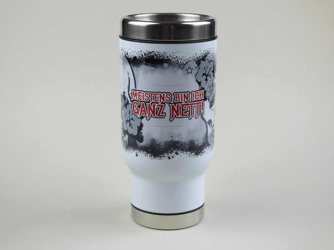 Totenkopf Edelstahl Thermobecher mit Spruch 'Meistens bin ich ganz nett' – 470ml Reisebecher, Handbe