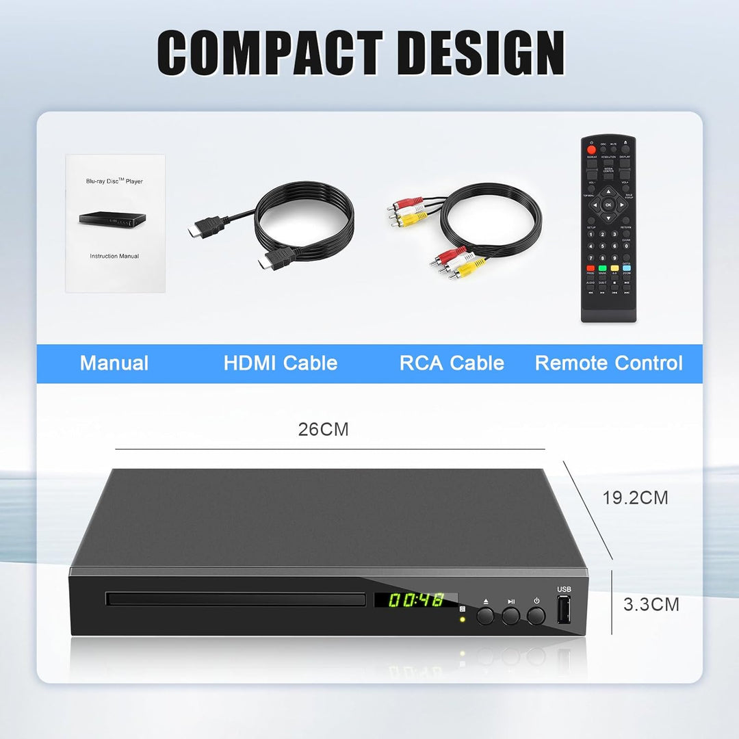 Blu-ray Player für TV, Kompakt Blu-ray-Disc-Player 1080P DVD-Player mit HDMI-Ausgang, AV-Ausgang, Ko