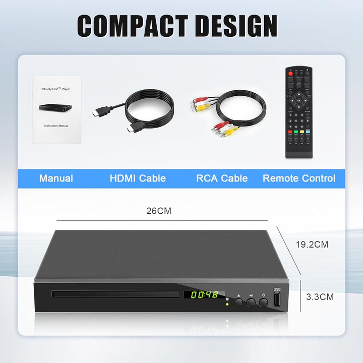Blu-ray Player für TV, Kompakt Blu-ray-Disc-Player 1080P DVD-Player mit HDMI-Ausgang, AV-Ausgang, Ko