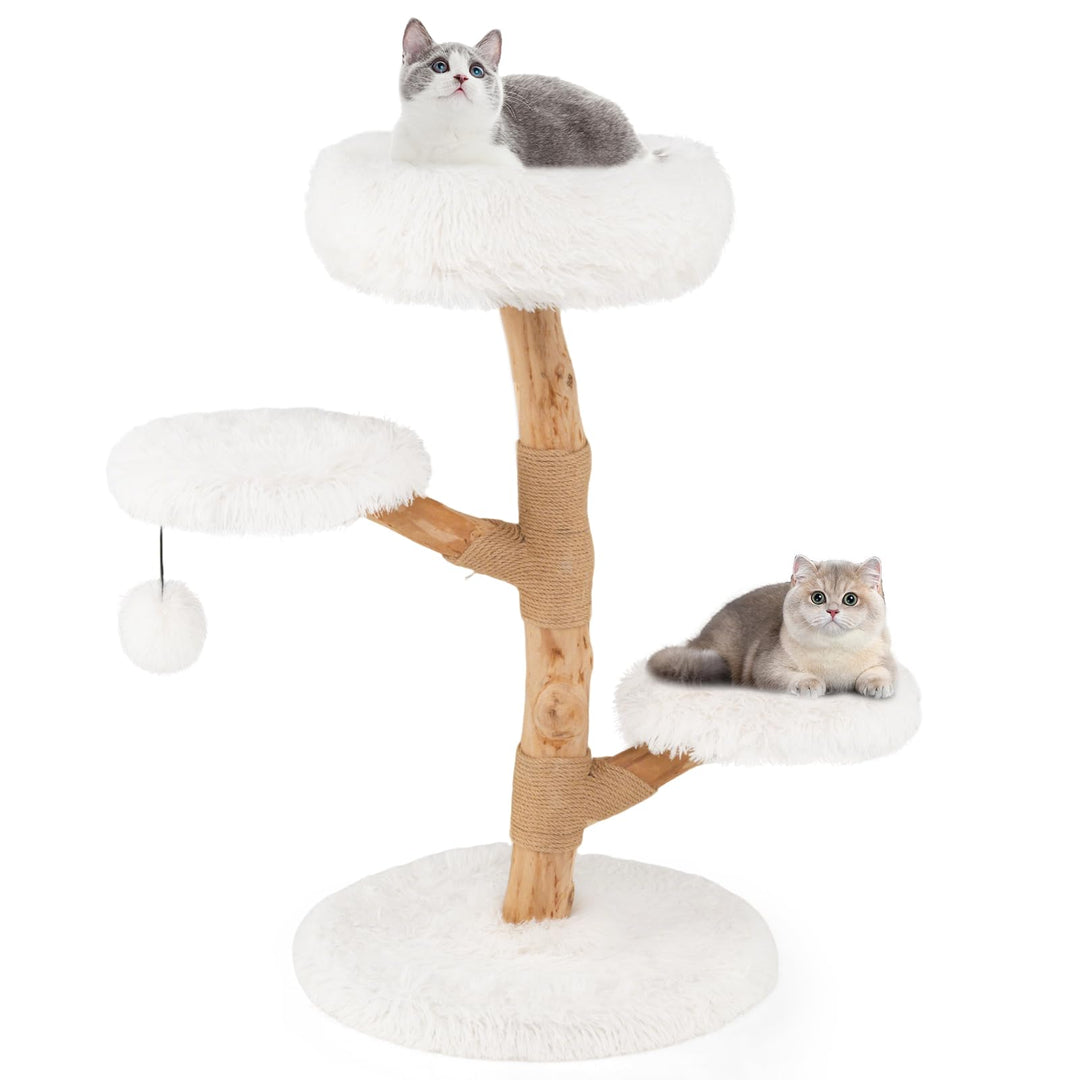 COSTWAY 90cm Kratzbaum Holz, Katzenbaum mit 4 Plüschsitzflächen, Ball & Kratzpfosten aus Jute und Ma