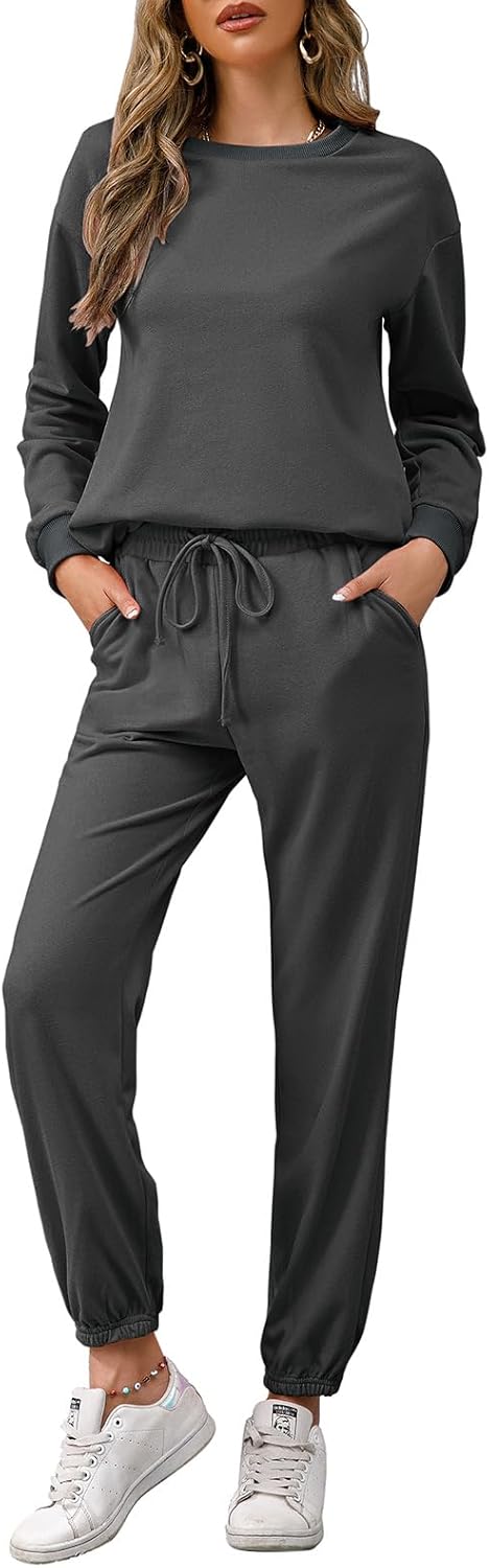 REORIA Damen Tracksuit Langarm Rundhalsausschnitt Einfarbig Zweiteiler Outfit Hoodie Jogger Training