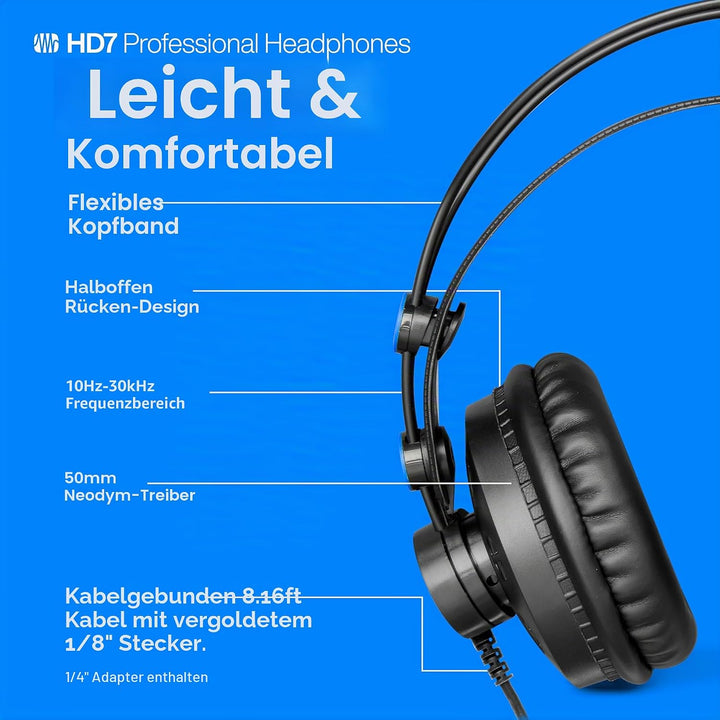 PreSonus HD7 Halboffener Studiokopfhörer für Aufnahme, Wiedergabe und Überwachung, Streaming und Pod