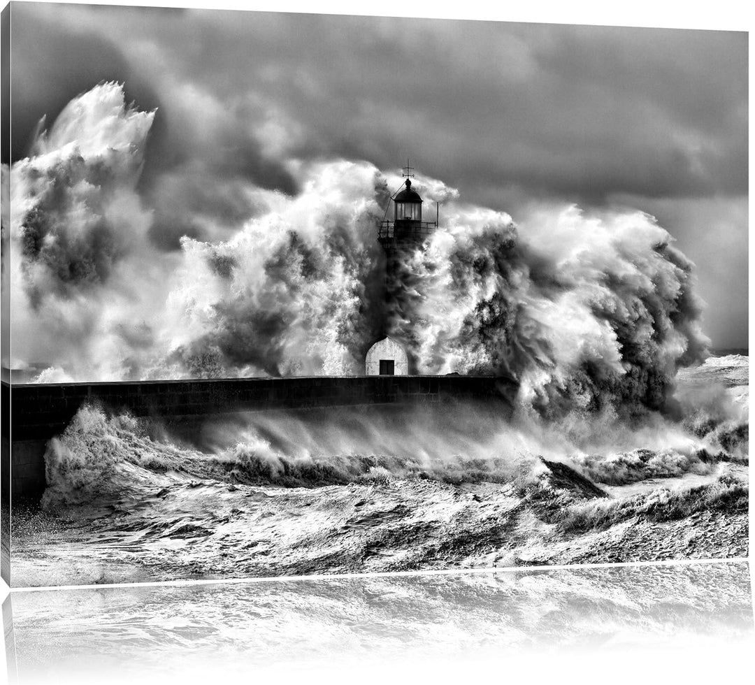 Pixxprint Monocrome, Leuchtturm im Sturm, Format: 100x70 auf Leinwand, 100x70