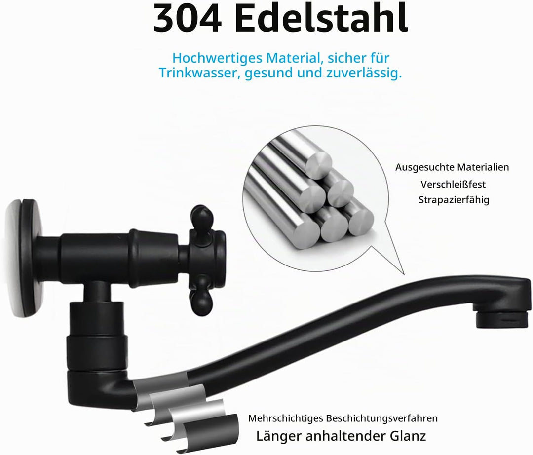Wandarmatur Kaltwasser Schwarz, Wasserhahn Wandmontage Lang, 360° Drehbar Wasserhahn Garten Wand, Wa