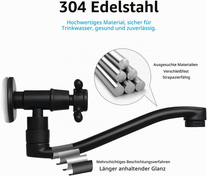 Wandarmatur Kaltwasser Schwarz, Wasserhahn Wandmontage Lang, 360° Drehbar Wasserhahn Garten Wand, Wa