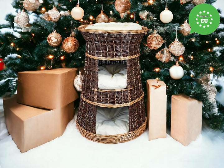 Katzenkorb zum Schlafen – Katzenhütte Indoor – Grösse: 43 x 49 x 70 cm rund – Katzenhöhle aus Weide