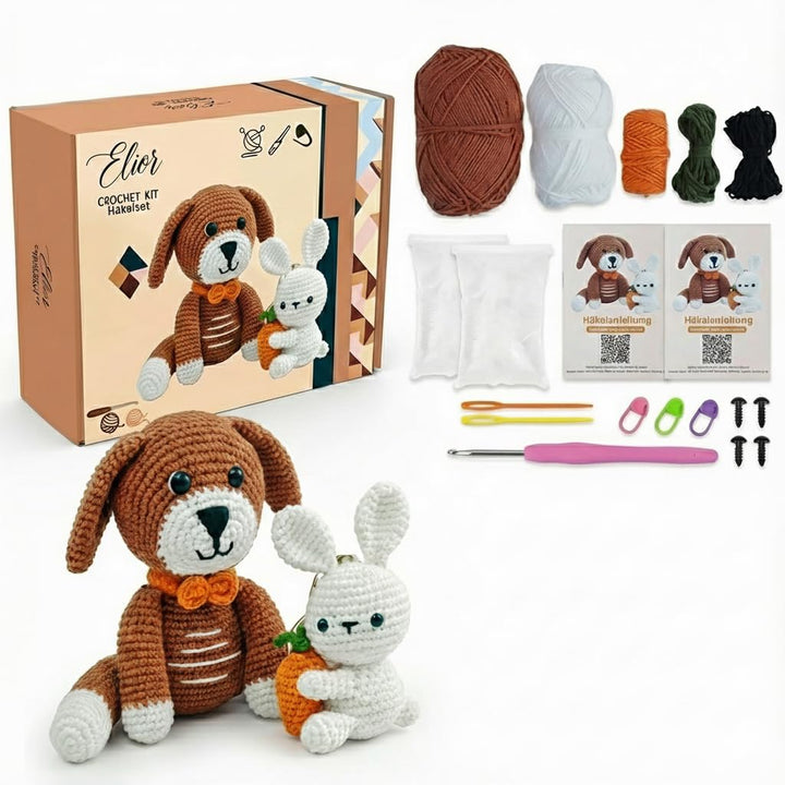 Elior Häkelset für Anfänger Amigurumi – Komplettset für Hund und Hase – Inklusive 100% Baumwollgarn,