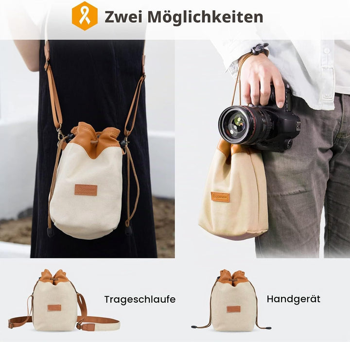 TARION Objektivbeutel mit Tragegurt, Objektivtasche aus Canvas PU Leder, Gepolstert Schutzbeutel Kam