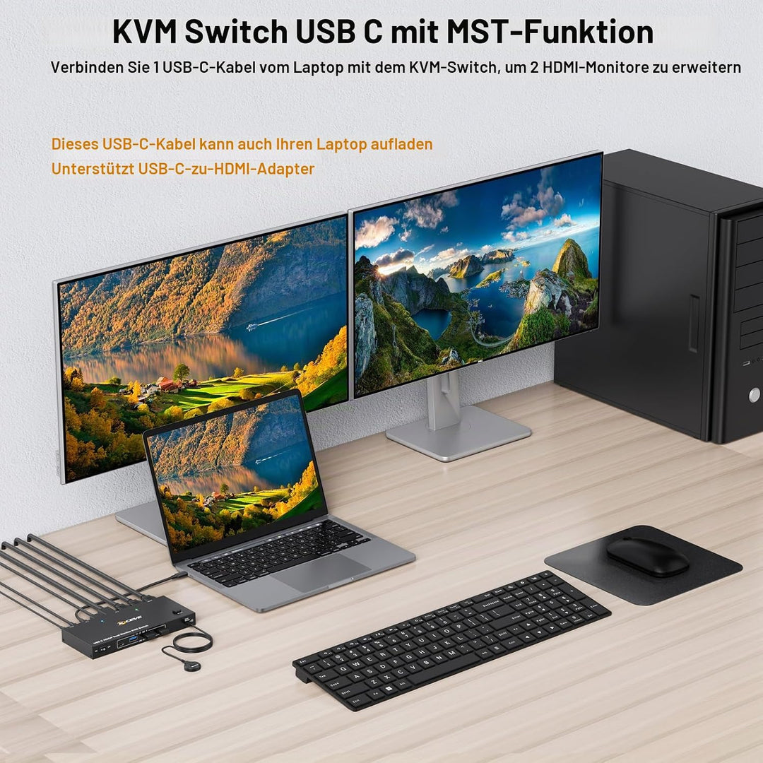 KVM Switch Laptop PC 2 Monitore, KVM Switch 2 PC 2 Monitore USB C DP HDMI Teilen 4 USB 3.0 Ports, 4K