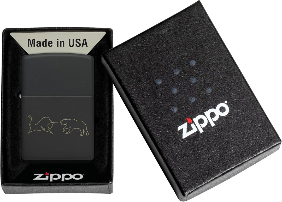 Zippo Sturmfeuerzeug - Bull and Bear, Black Matte, Laser Engrave - Nachfüllbar - Wiederverwendbar -