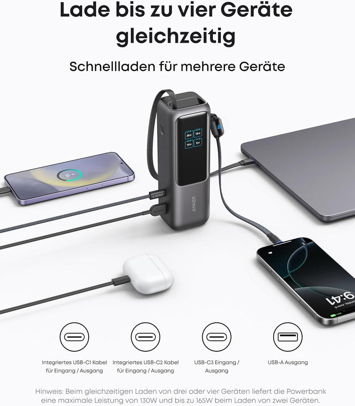 Anker Laptop Powerbank, 25000mAh 165W USB-C, 3X 100W USB-C Ports für Multi-Geräte-Ladeleistung, Inte