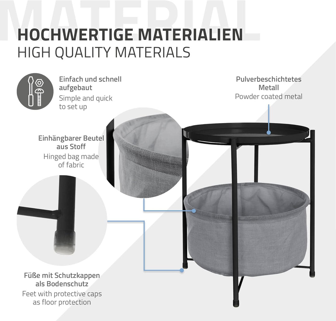 ML-Design Beistelltisch rund Ø45,5 x H 52,5 cm, Schwarz, aus Metall, Couchtisch mit Stoffkorb & abne