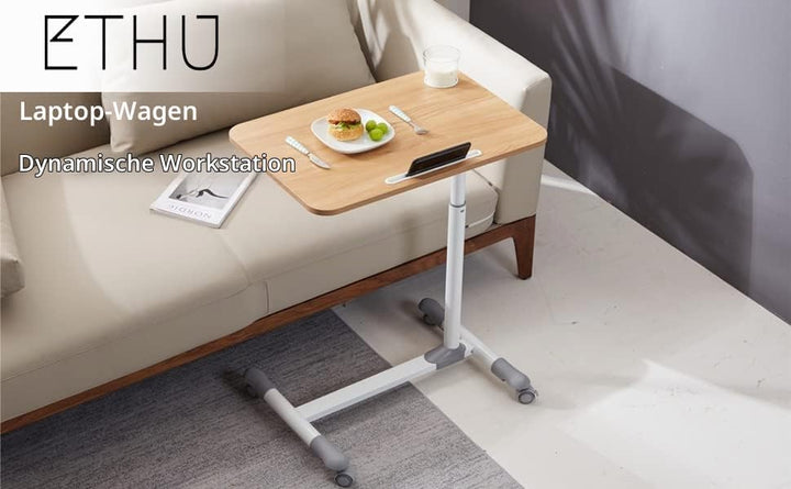 ETHU Höhenverstellbarer Beistelltisch mit 4 Rollen, Mobiler Stehpult &amp; Laptoptisch, Überbett-Tisch f