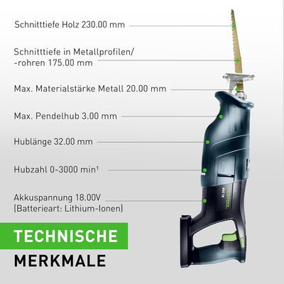 Festool Akku-Säbelsäge RSC 18 EB-Basic (mit Absaugvorrichtung, Säbelsägeblatt WOOD UNIVERSA), im Sys