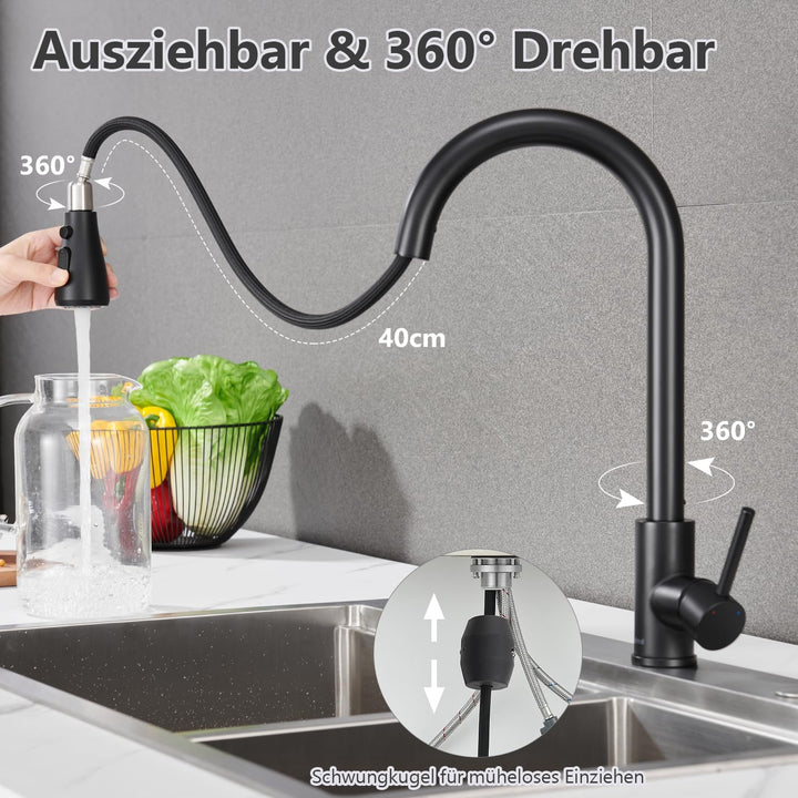 Wasserhahn Küche Schwarz – Hochdruck Ausziehbar Brause Küchenarmatur Schwarz, Einhebel Mischbatterie