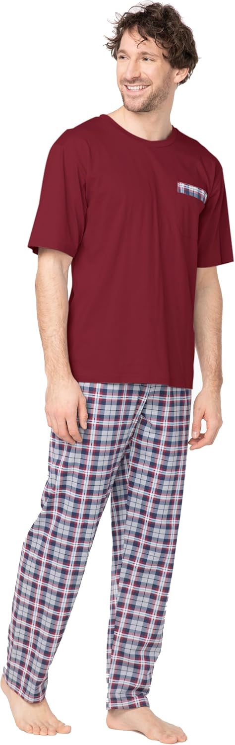 e.VIP® Herren Schlafanzug Chris SL 328A aus 100% Baumwolle S Weinrot/Weinrot Kariert, S Weinrot/Wein