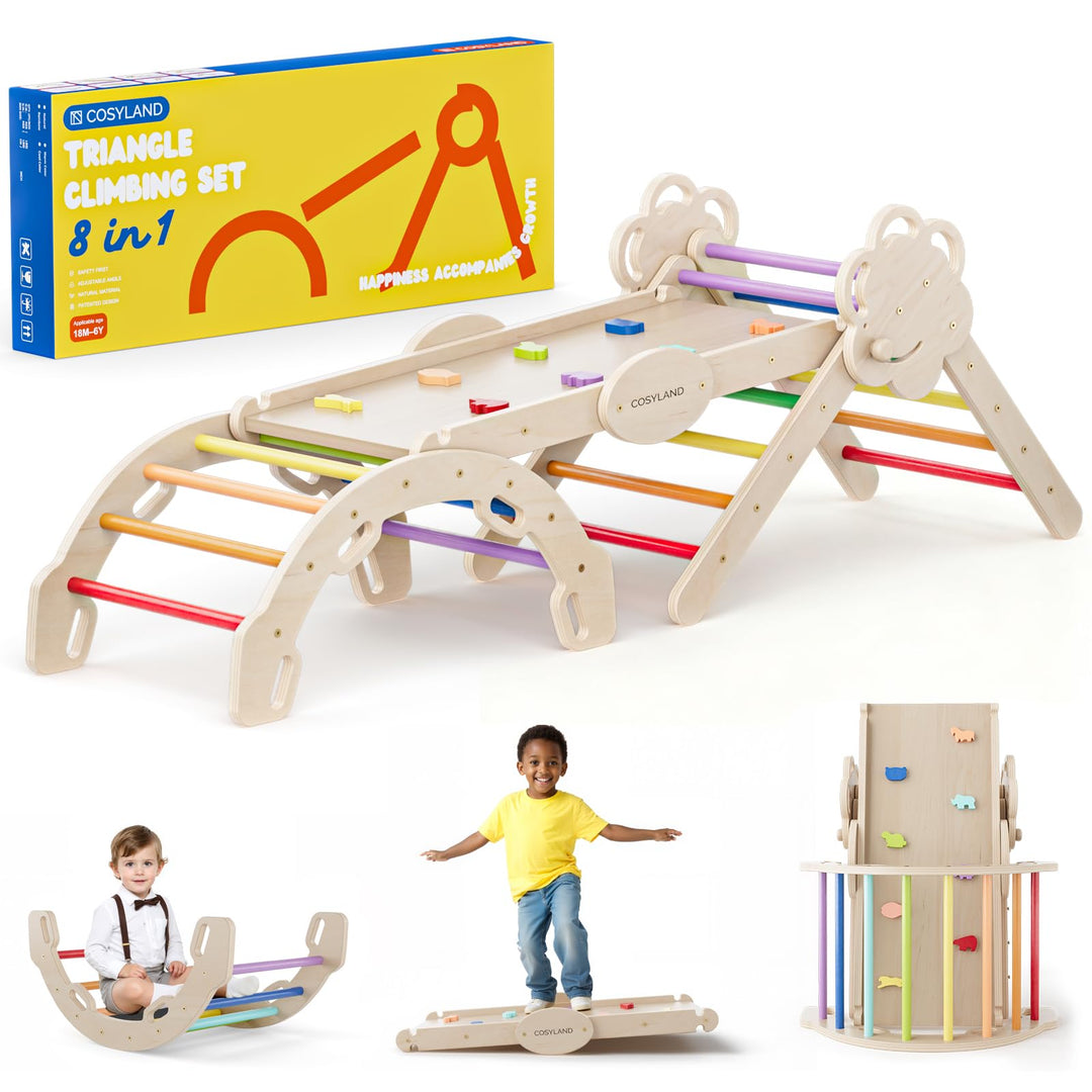 COSYLAND Klettergerüst Indoor L – Grosses Kletterdreieck Set mit Kletterbogen & Rutsche – 8-in-1 Mas
