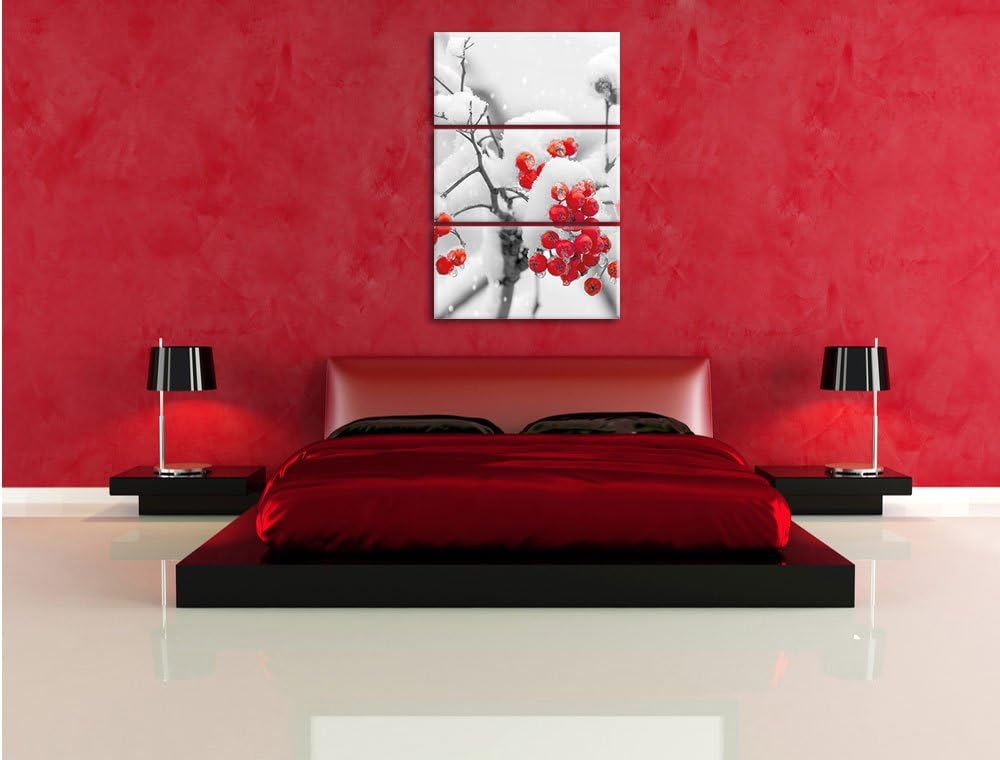 Pixxprint Rote Vogelbeeren im Winter 3-Teiler Leinwandbild 120x80 Bild auf Leinwand