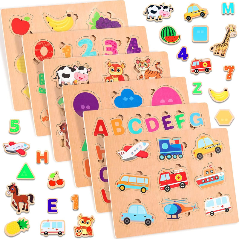 lenbest 6er Set Kinder Holzpuzzle - Montessori Spielzeug - Tier Alphabet Nummer Fahrzeuge Form Fruch