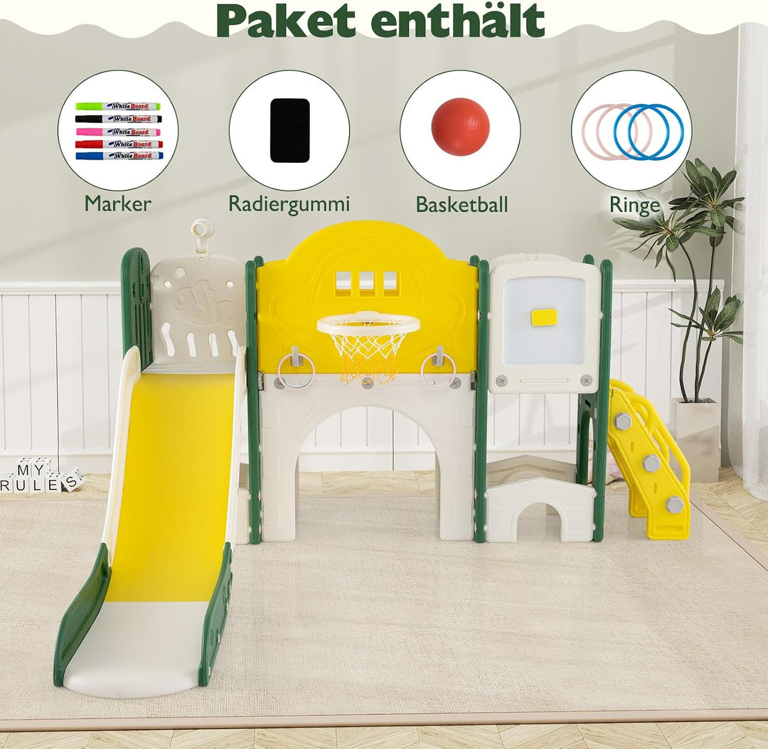 COSTWAY Kinder Rutsche faltbar, 10 in 1 Kinderrutsche mit Basketballkorb, Wurfspiel, Tafel, Tunnel,