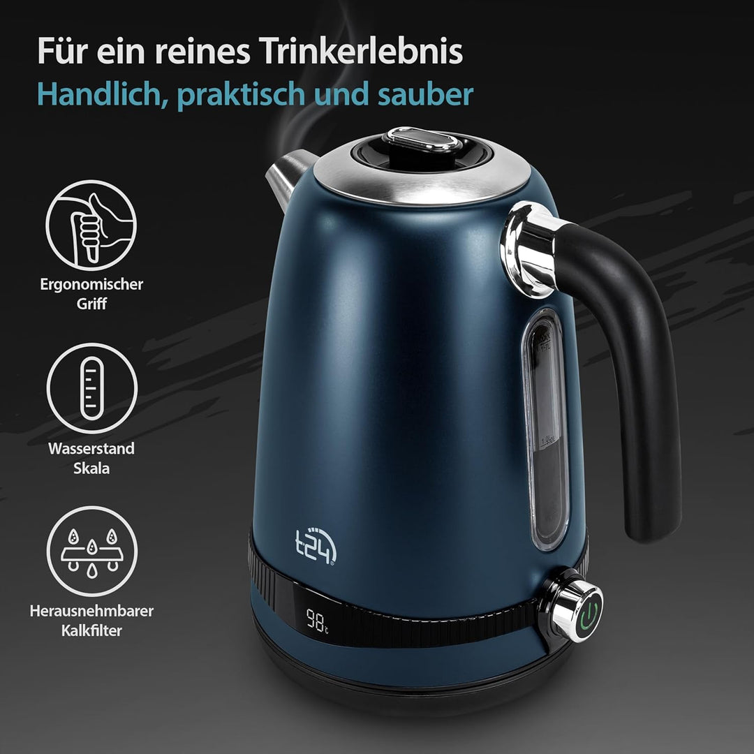 T24 Edelstahl Wasserkocher 1,7 L mit 7 einstellbaren Temperatureinstufen 2200W LCD Display | Kalk-Fi